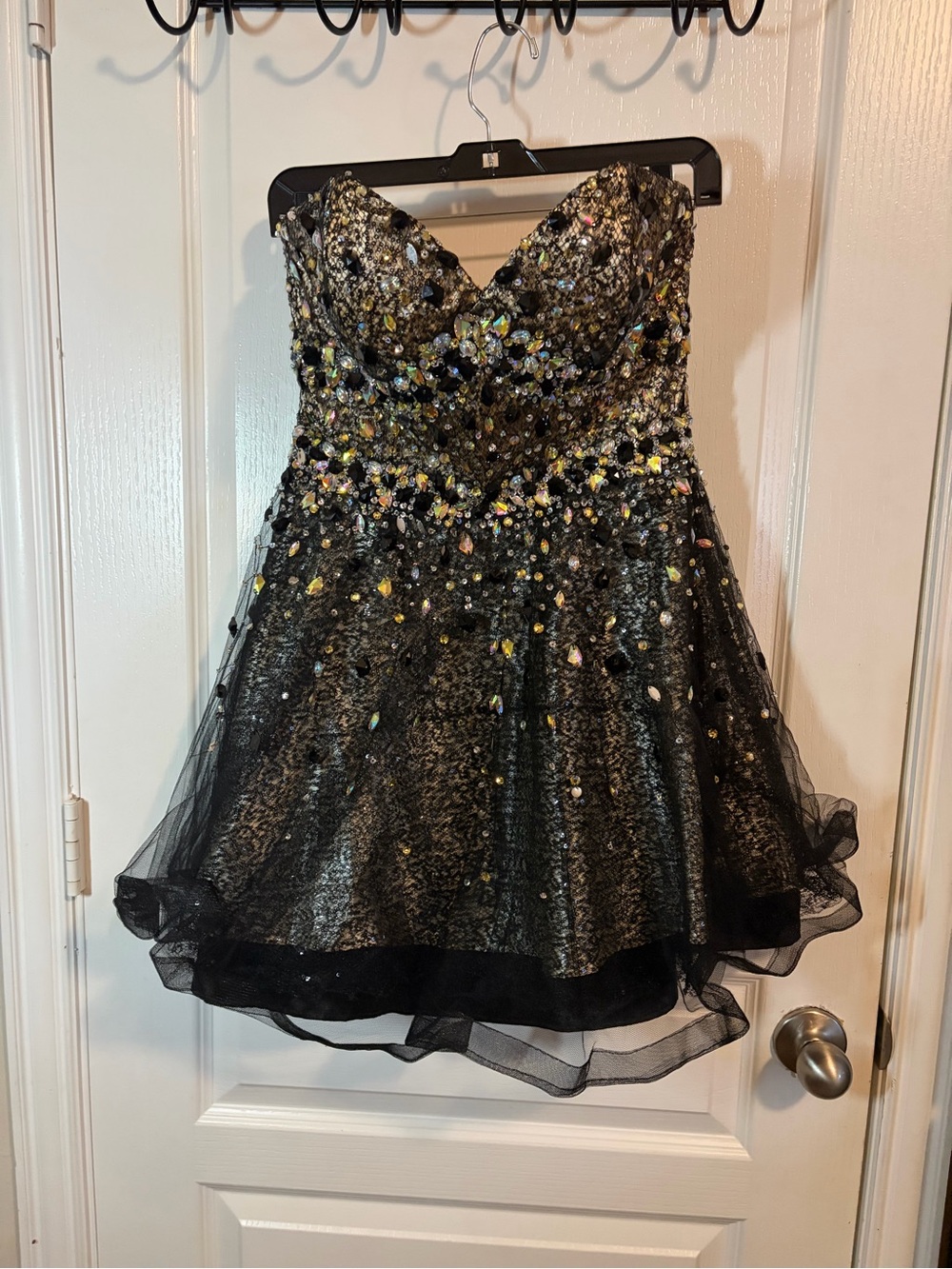 Strapless Black Sequin Party Dress with Iridescent Embellishments